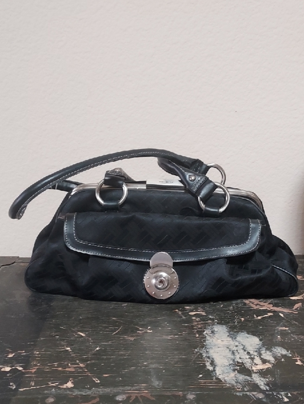 Black Women's Shoulder Bag with Silver Hardware